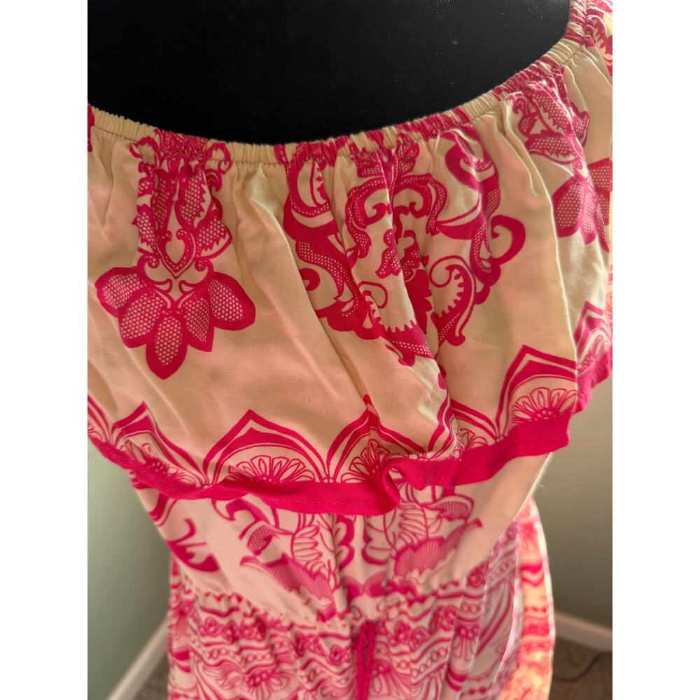 Flying Tomato Large Pink White Floral Print Off Shoulder Peasant Boho Mini Dress - Picture 7 of 8